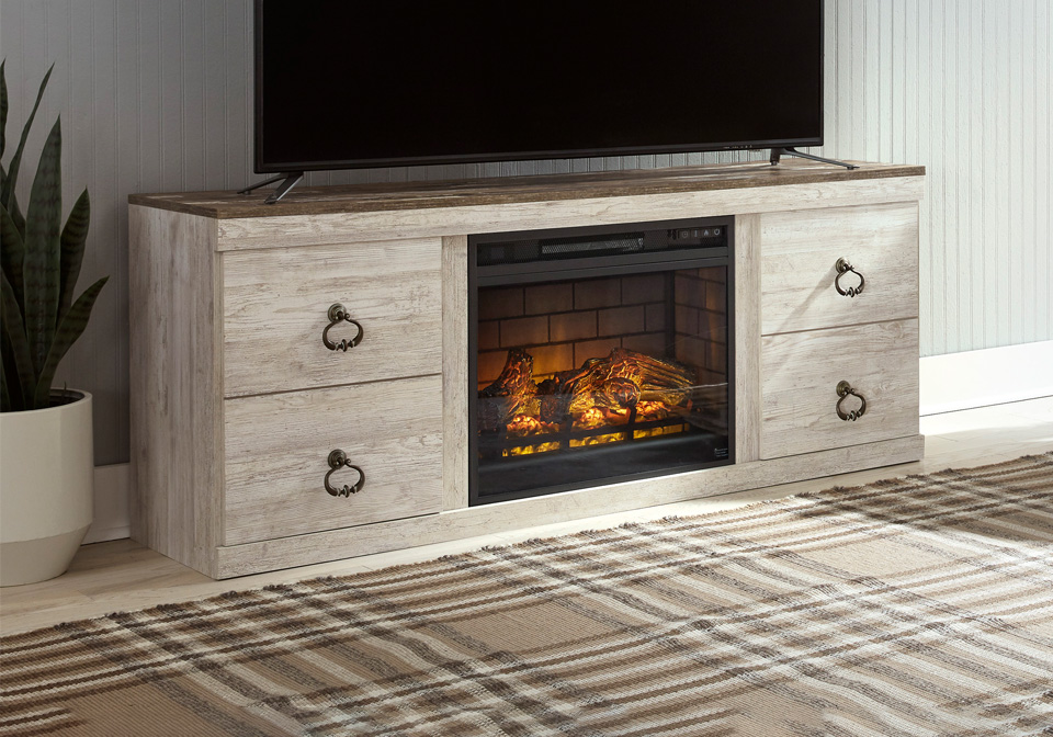 Willowton Whitewash Large TV Stand w/Fireplace