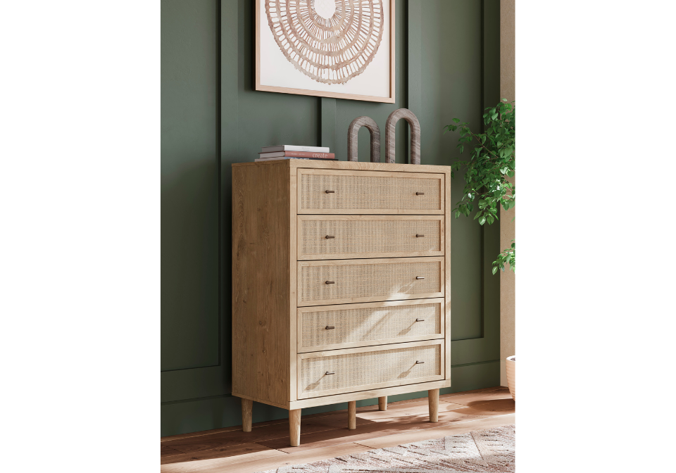 Cielden Tan Five Drawer Wide Chest